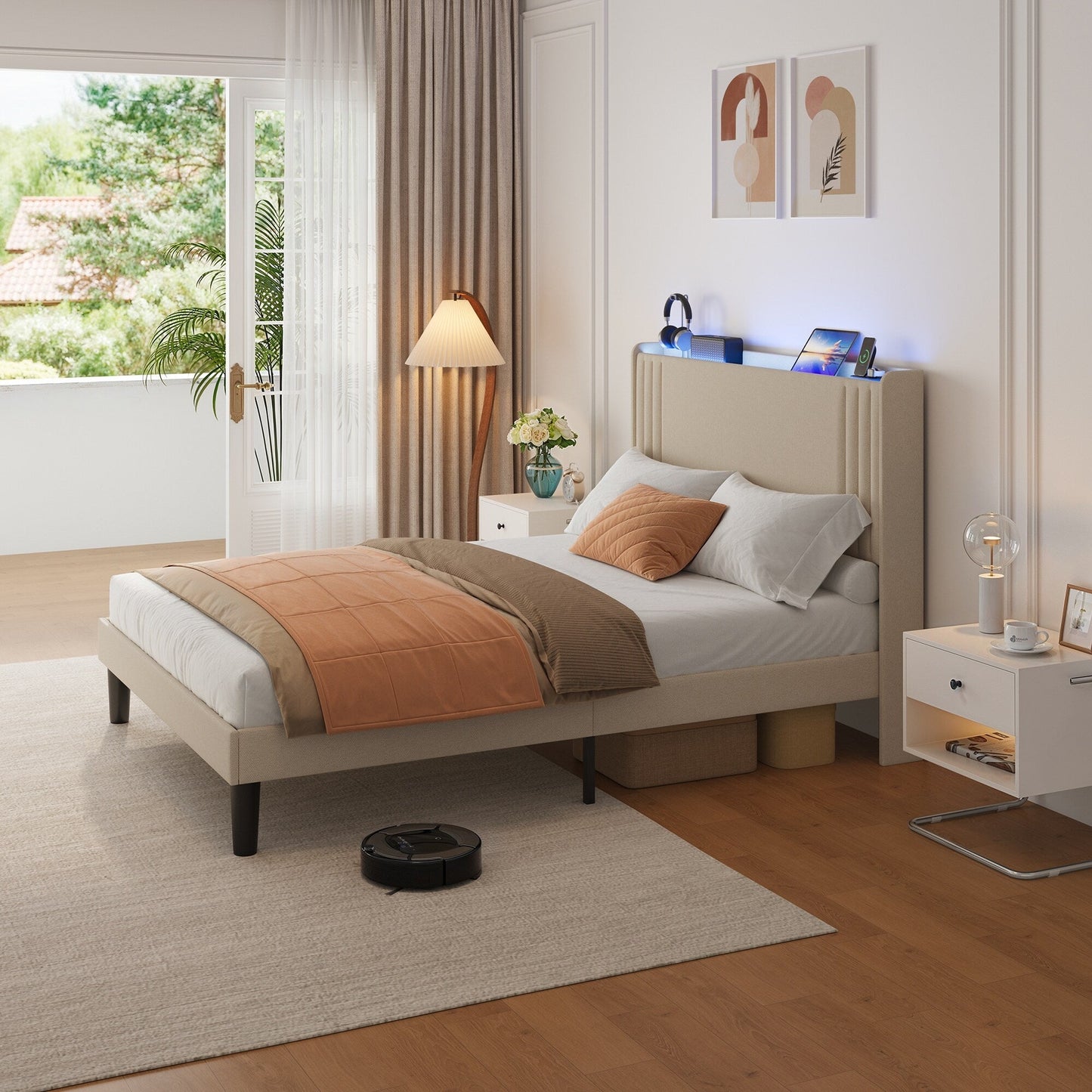 Lit Queen/Full rembourré à canaux verticaux avec tête de lit à oreilles