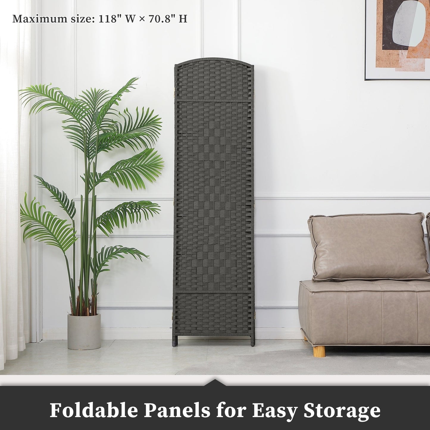 Paravent de séparation de pièce de 6 pieds de haut en fibre tissée, écran de confidentialité autoportant, écran pliant