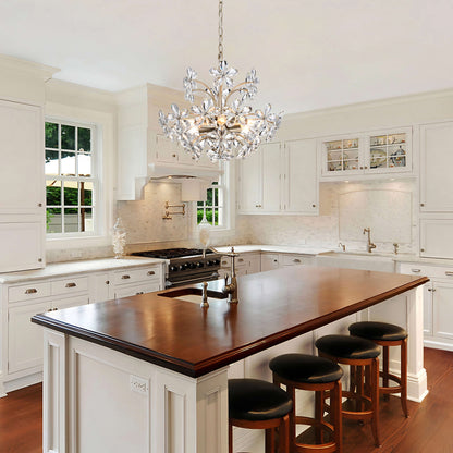 Lustre Rosa à 6 lumières en cristal argenté brossé avec motif de fleurs champagne