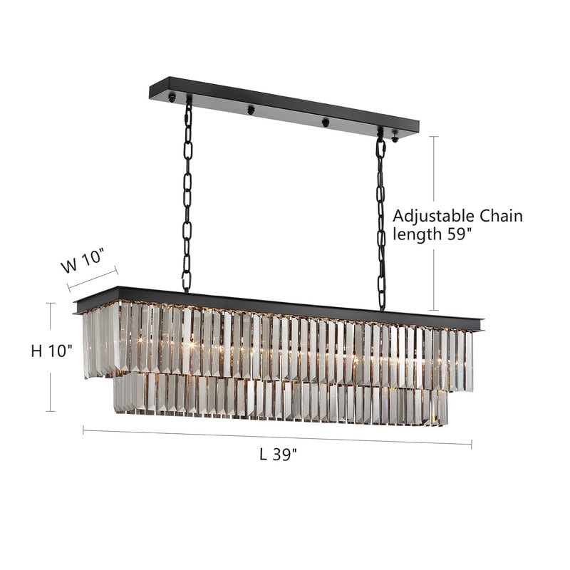 Lustre contemporain en cristal gris fumé et noir de 47 po, design linéaire à deux niveaux, luminaire suspendu pour îlot de cuisine et salle à manger.