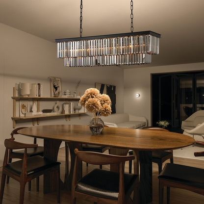 Lustre contemporain en cristal gris fumé et noir de 47 po, design linéaire à deux niveaux, luminaire suspendu pour îlot de cuisine et salle à manger.