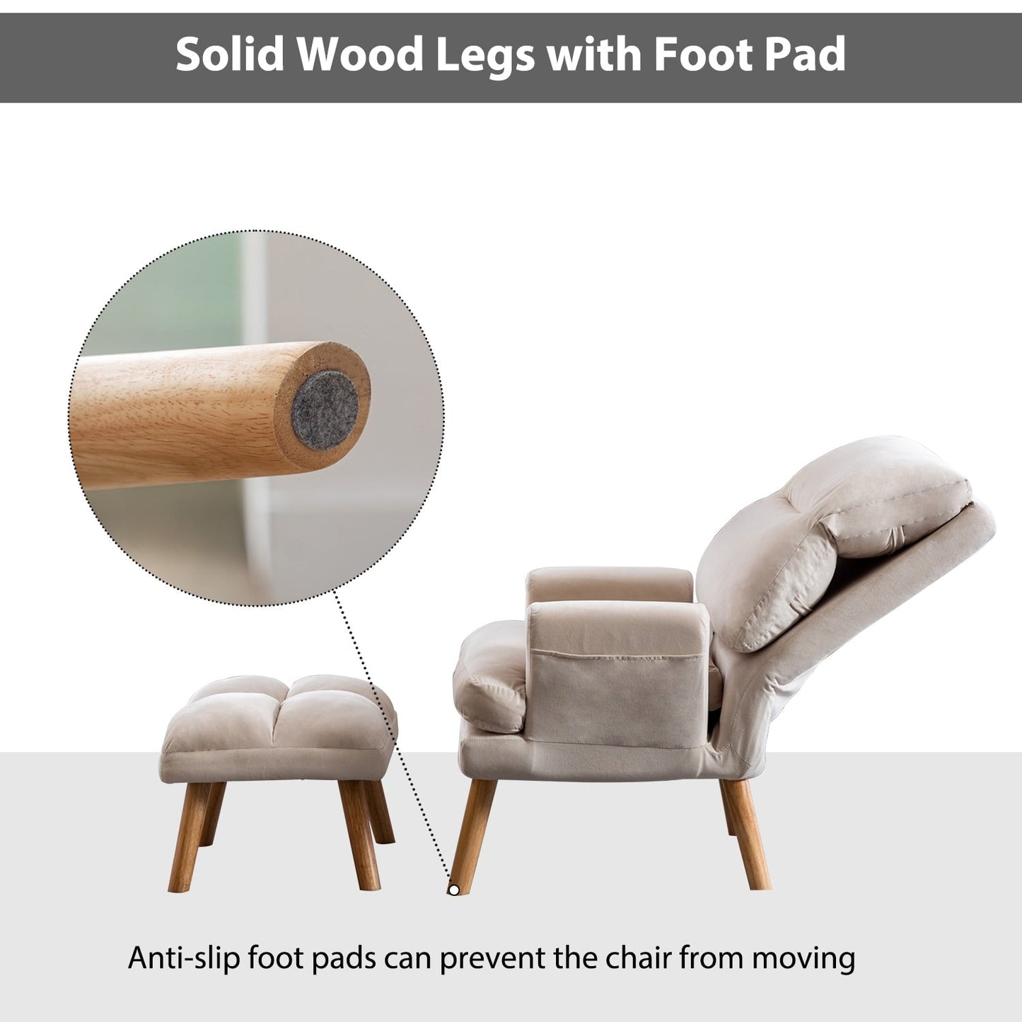 Fauteuil de salon décontracté en tissu doux avec dossier et pieds réglables