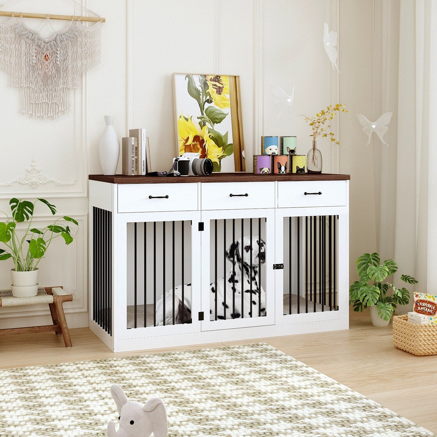 Élégant meuble de rangement en bois pour chien, 3 tiroirs