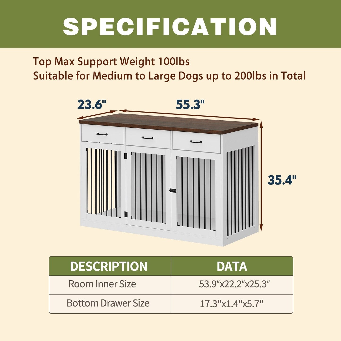 Élégant meuble de rangement en bois pour chien, 3 tiroirs