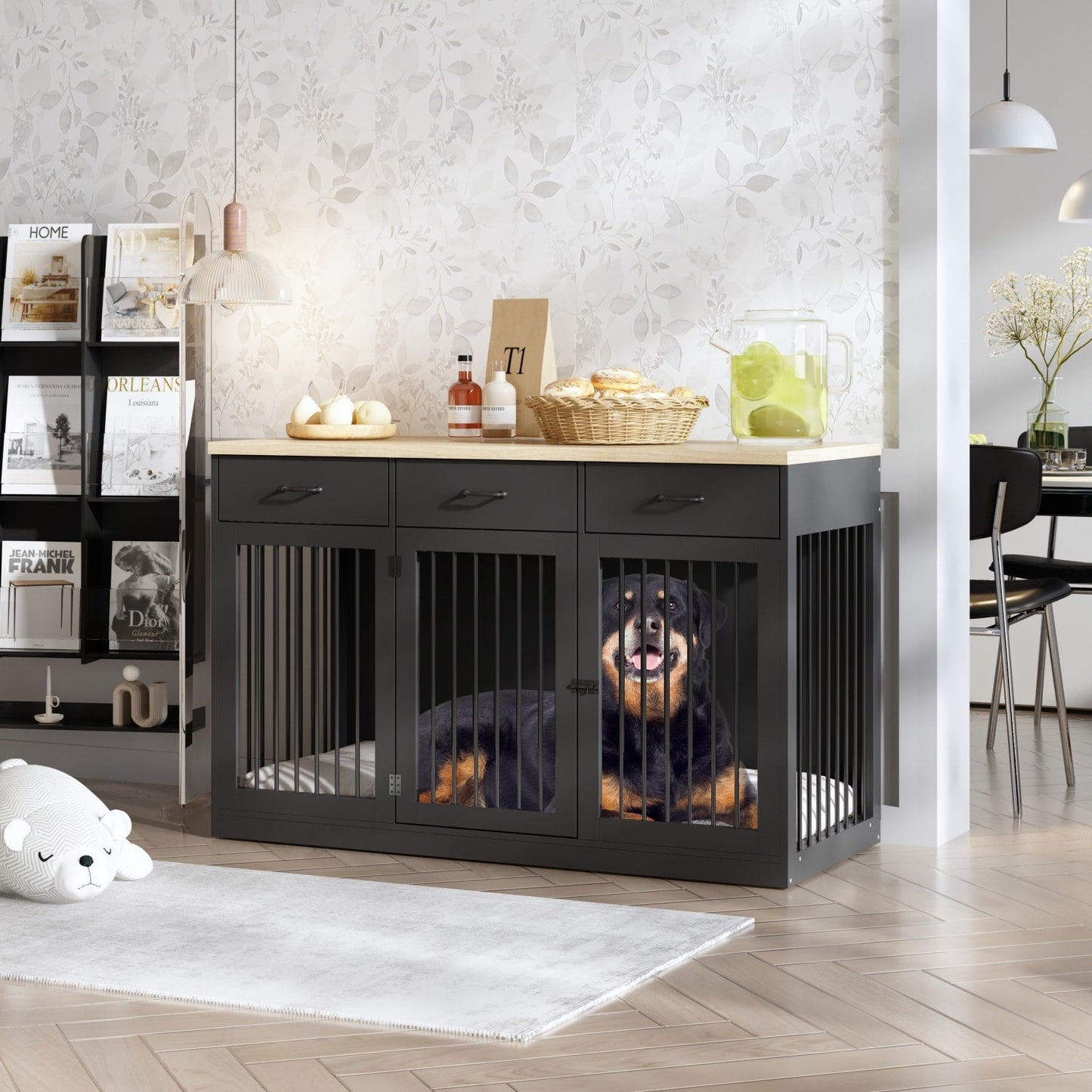 Élégant meuble de rangement en bois pour chien, 3 tiroirs