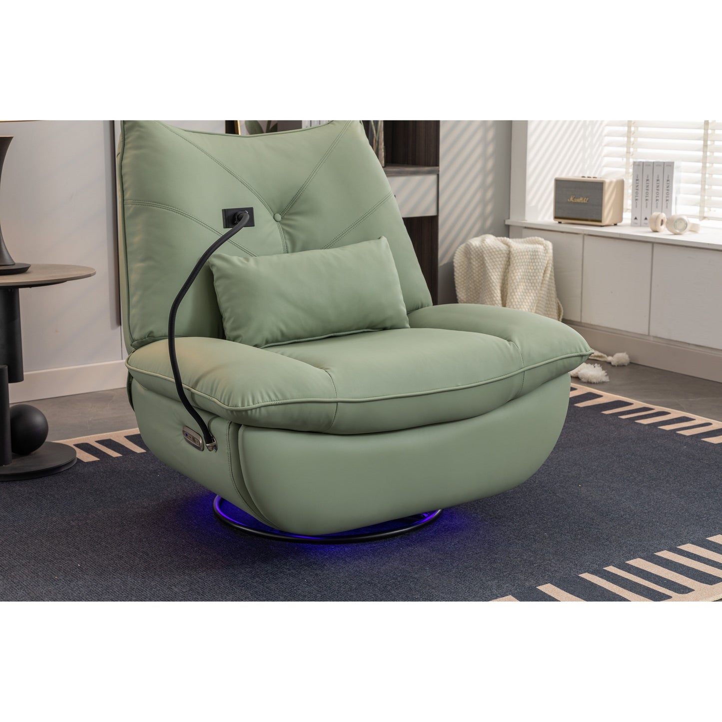 Fauteuil inclinable pivotant et électrique avec haut-parleurs Bluetooth, support de téléphone, ports de chargement USB et Type-C, rangement dissimulé dans les accoudoirs