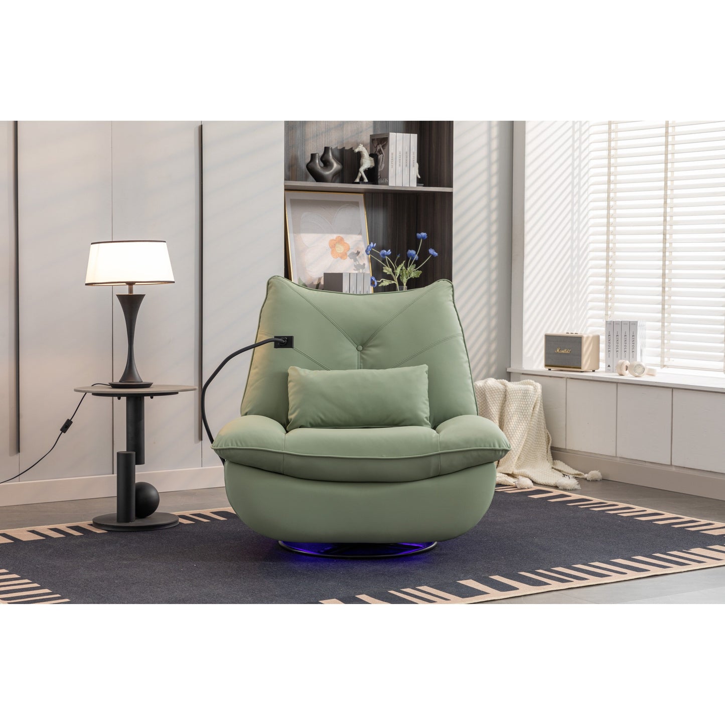 Fauteuil inclinable pivotant et électrique avec haut-parleurs Bluetooth, support de téléphone, ports de chargement USB et Type-C, rangement dissimulé dans les accoudoirs