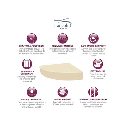 Siège de douche d'angle mural en surface solide Transolid Studio 14 po x 14 po - 14,5 x 14,25 x 3