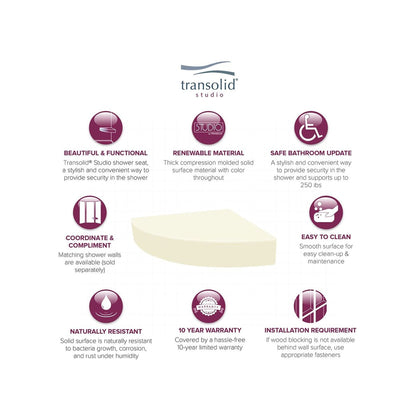 Siège de douche d'angle mural en surface solide Transolid Studio 14 po x 14 po - 14,5 x 14,25 x 3