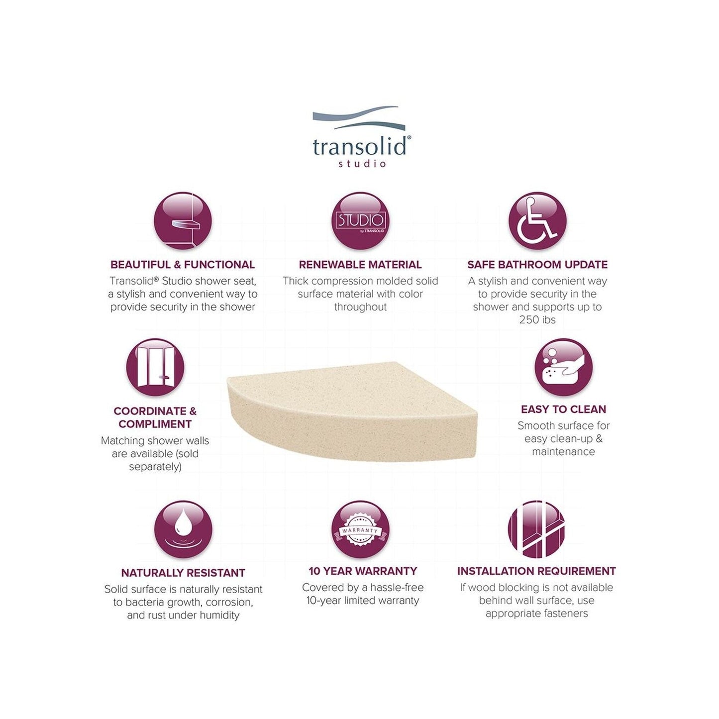 Siège de douche d'angle mural en surface solide Transolid Studio 14 po x 14 po - 14,5 x 14,25 x 3