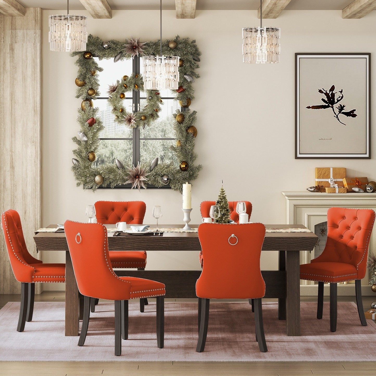 Chaise de salle à manger capitonnée en velours avec pieds en bois massif, lot de 6