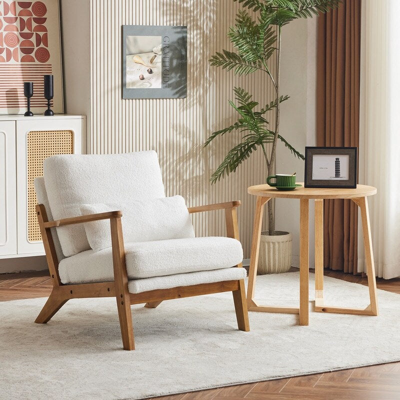 Fauteuil d'appoint rembourré en lin mélangé avec pieds en bois et un coussin beige