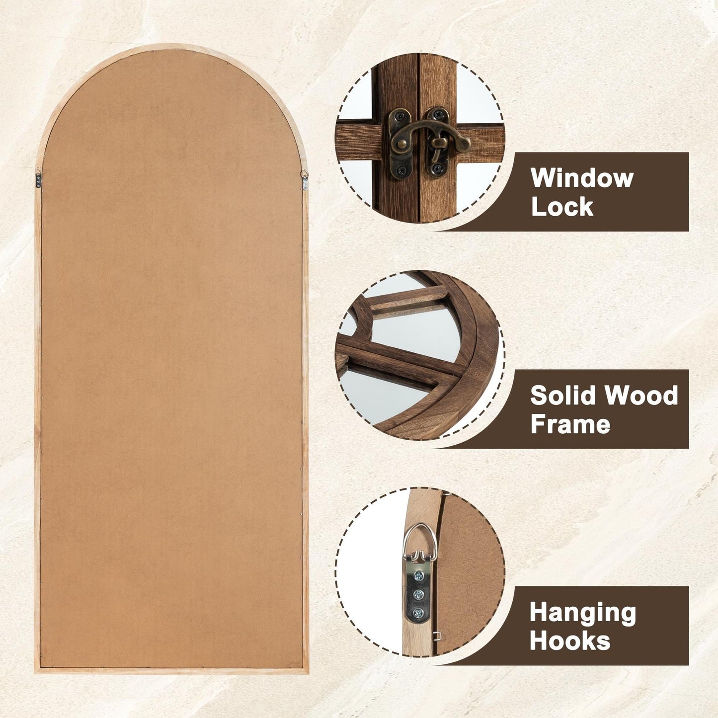 Miroir de fenêtre en bois arqué 71'' L x 31'' l