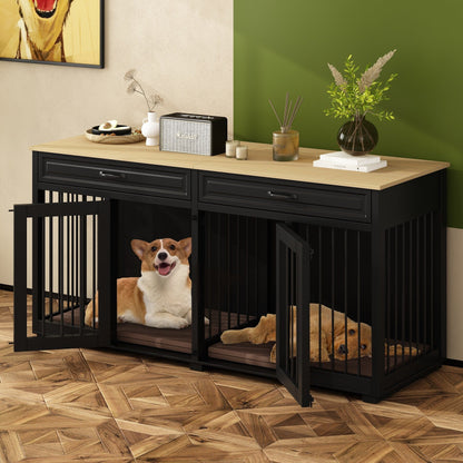 Cage double en bois pour chien avec 2 tiroirs et séparateur