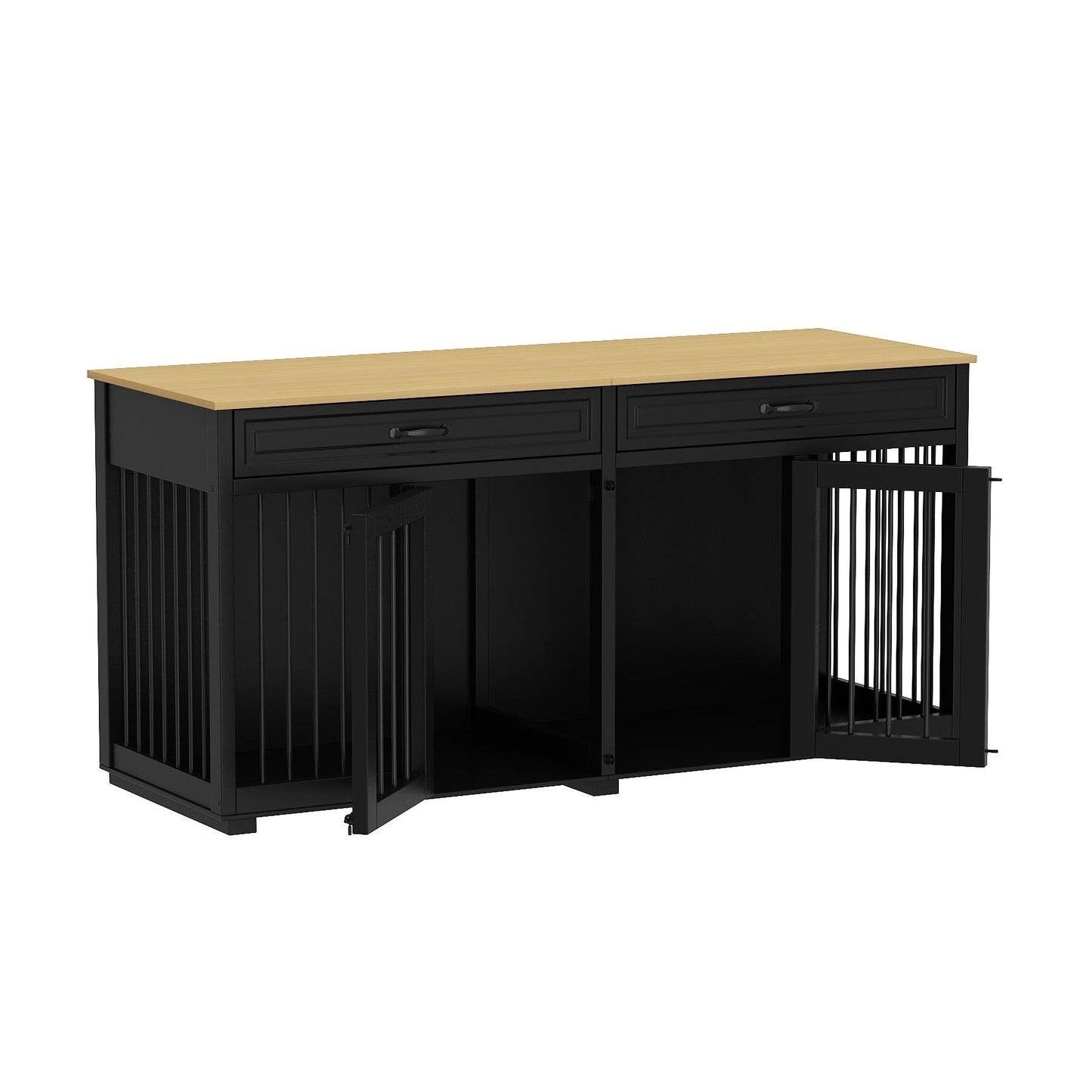 Cage double en bois pour chien avec 2 tiroirs et séparateur