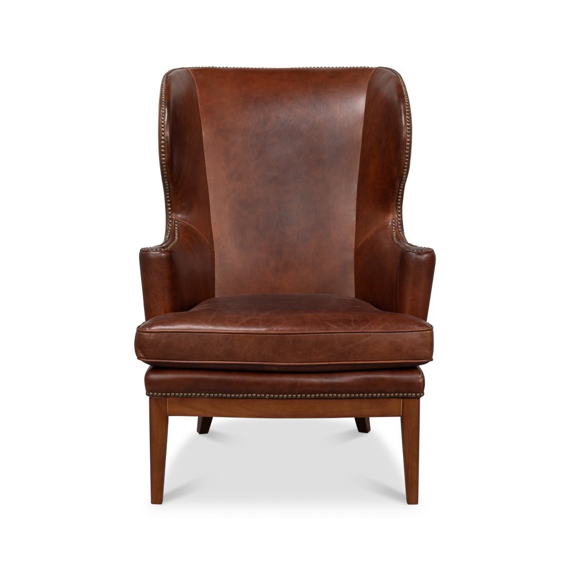 Fauteuil à oreilles en cuir marron de transition